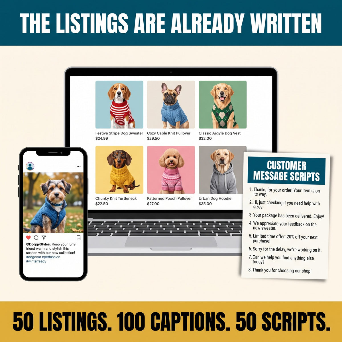 The listings are already written. 50 listings, 100 captions, 50 scripts.