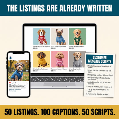 The listings are already written. 50 listings, 100 captions, 50 scripts.