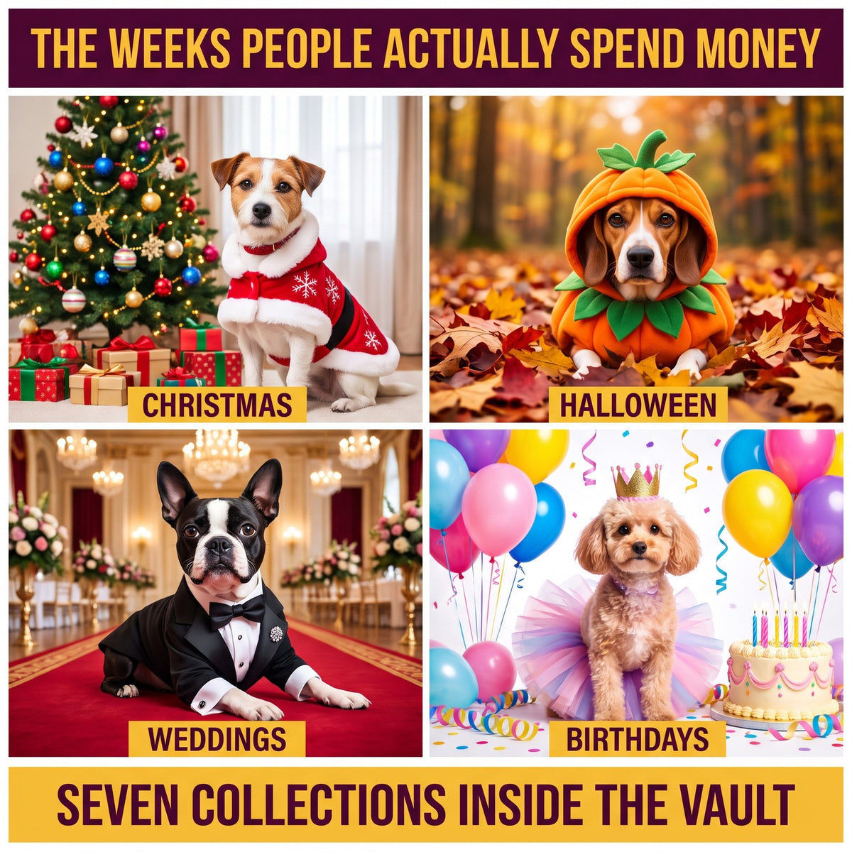 Christmas, Halloween, weddings and birthdays collections.